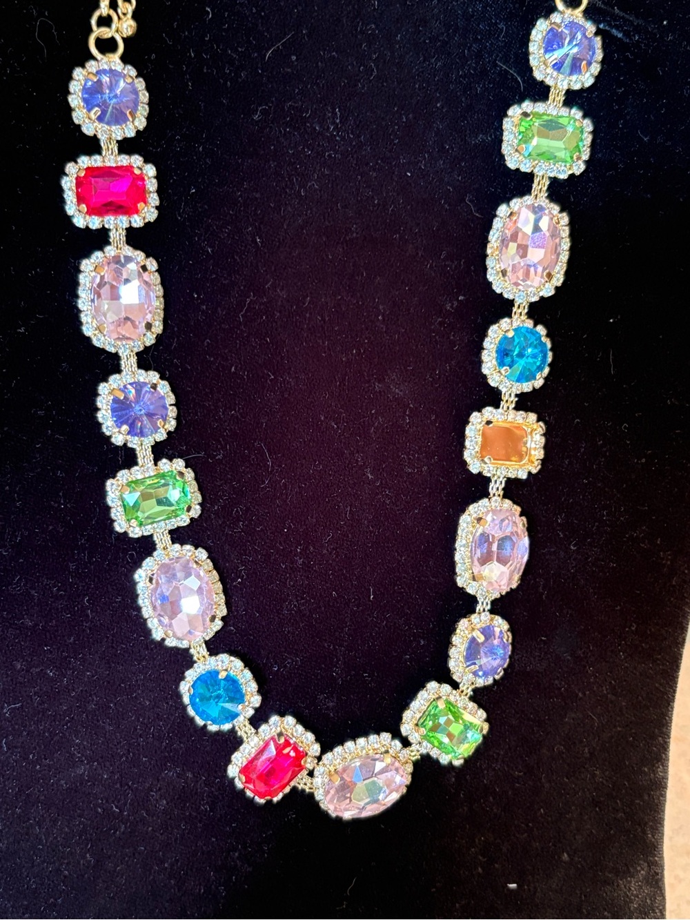 Eye Candy Gold Tone Pink, Blue, Green & Purple Faceted Crystal And Pave Necklace